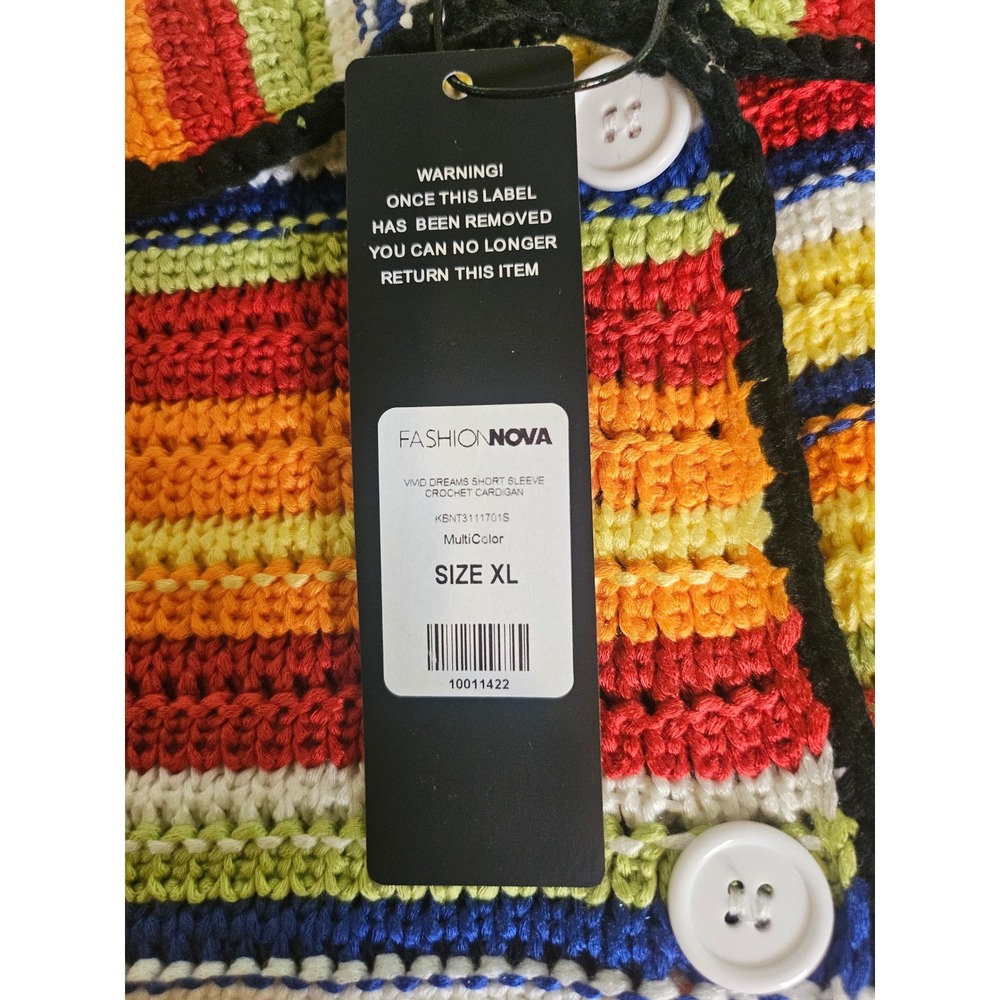 Fashion Nova Crochet Cardigan Women XL Multicolor Dreams Short Sleeve Stripe - Picture 6 of 9